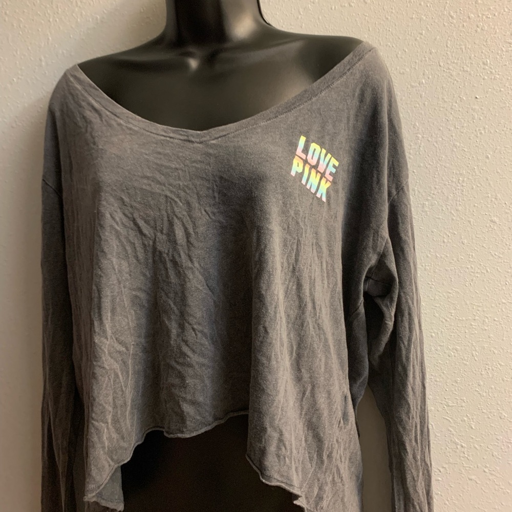 Victoria’s Secret pink grey cropped long sleeve t-shirt size med nwt#